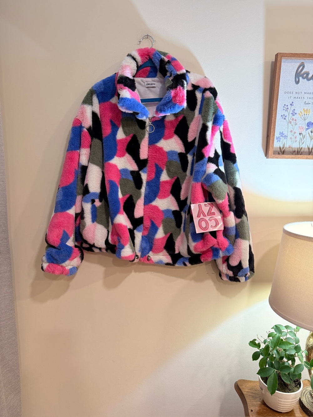 Cozy Multi-Color Faux Fur Zip Up  Jacket - Pink, Blue & Black